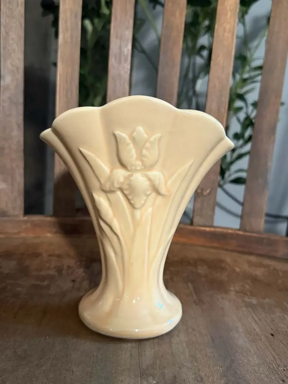 Vintage USA Pottery Yellow Fan Vase with Raised Floral Relief and Pedestal Base